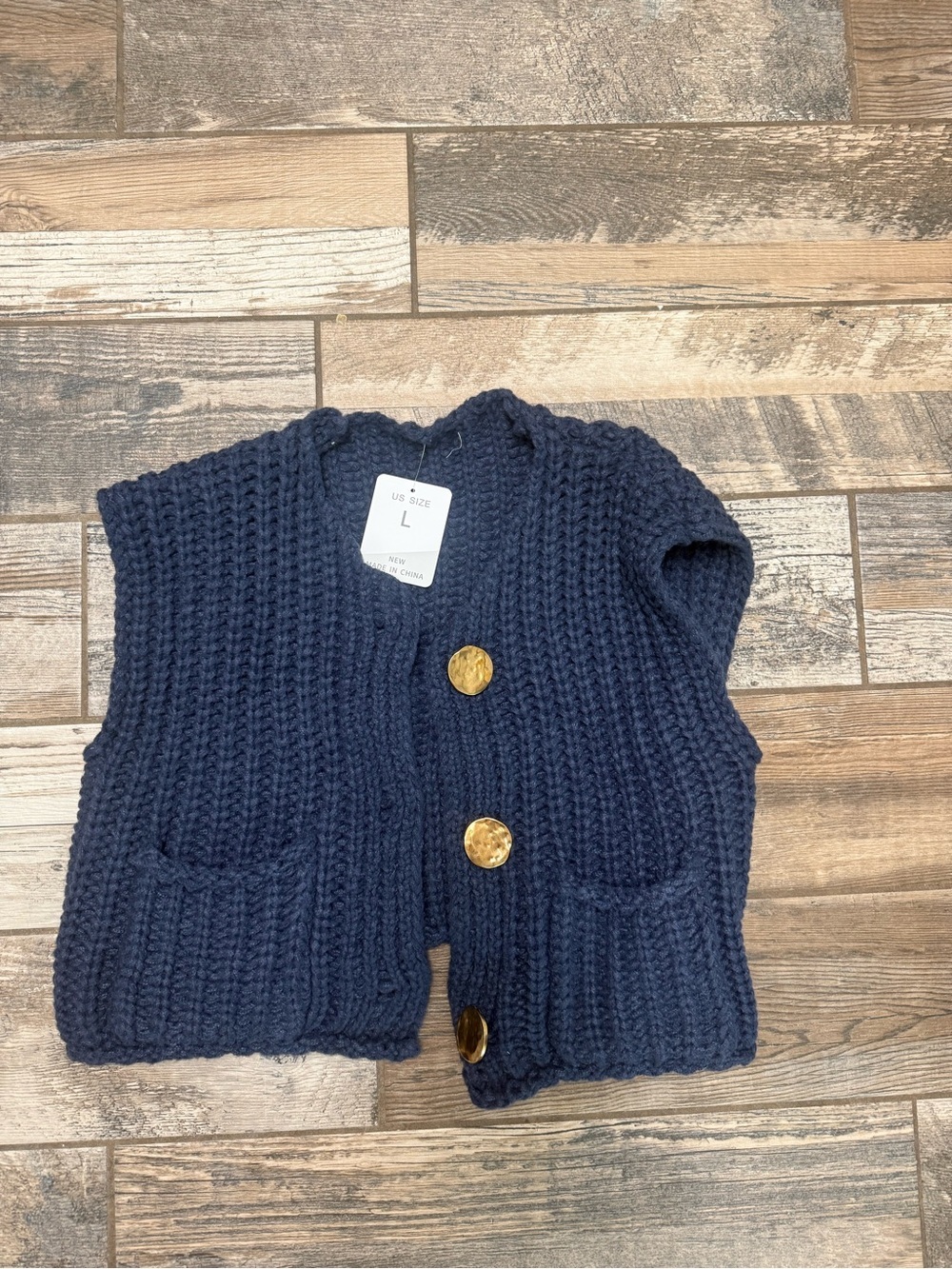 Chunky Knit Navy Vest with Gold Buttons